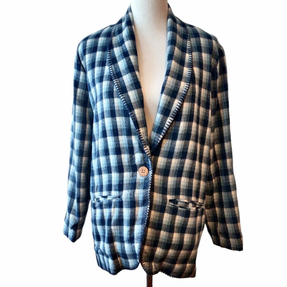 Vintage Samantha Womens Blue Plaid Flannel Single Button Lined Blazer Jacket S